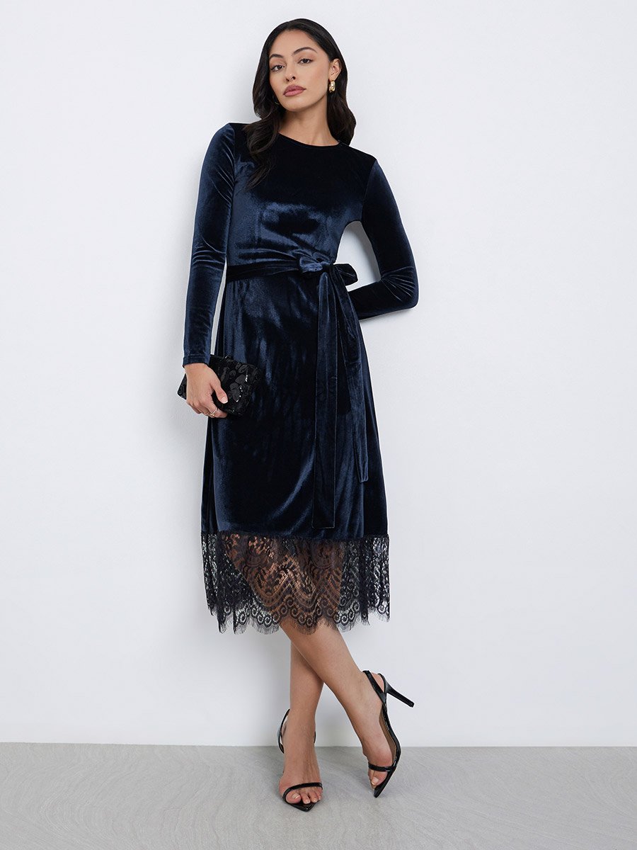Navy Blue Lace Trim Velvet Look Midi Dress For Women at Kuwait | Styli