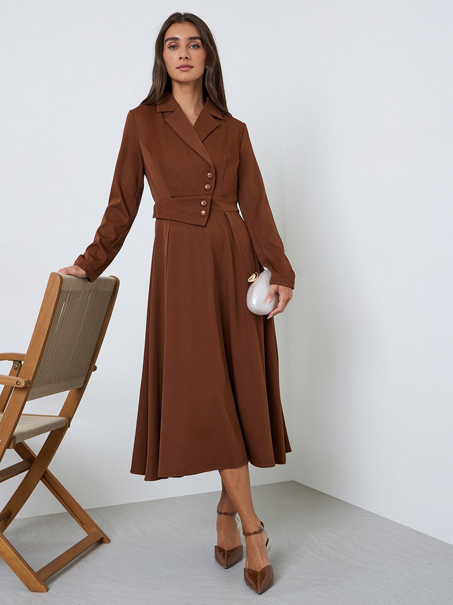 Brown Long Sleeves Blazer Midi Dress