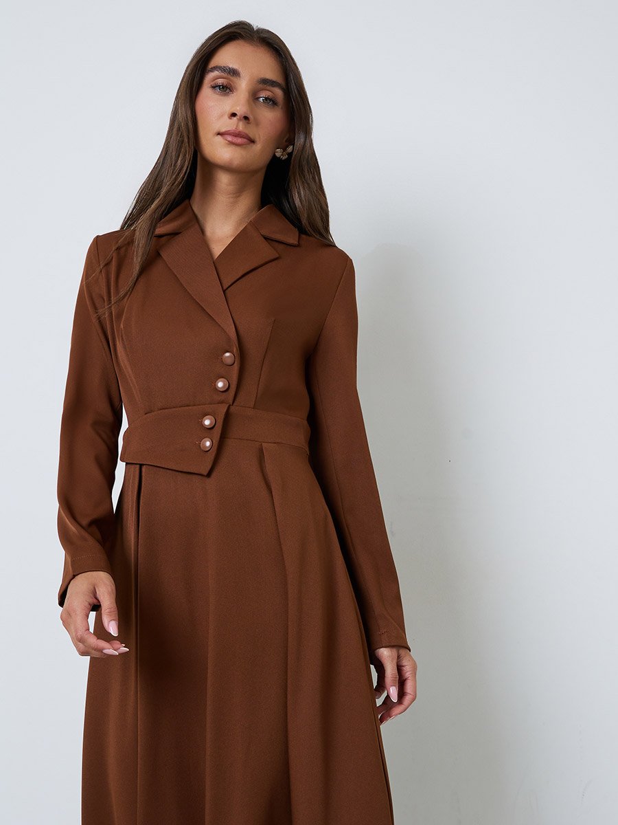 Brown Long Sleeves Blazer Midi Dress