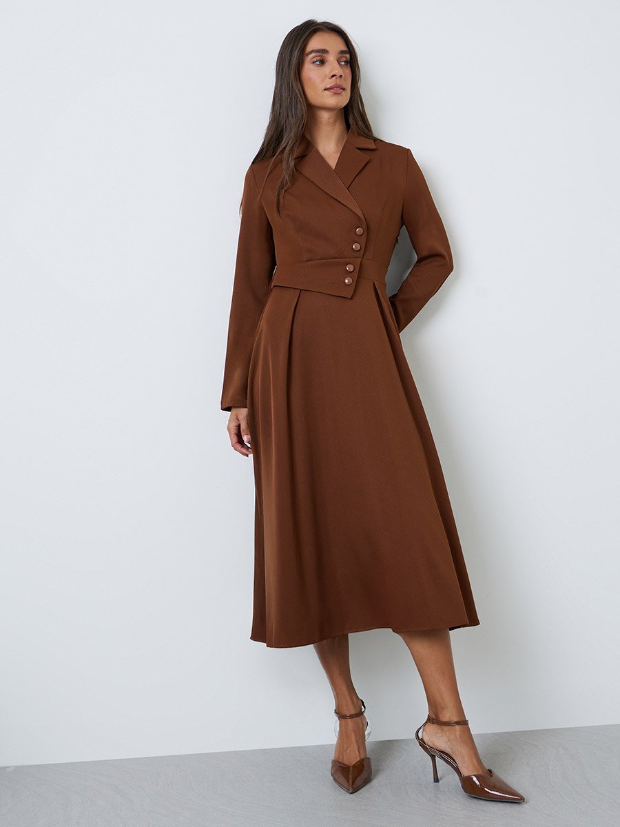 Brown Long Sleeves Blazer Midi Dress
