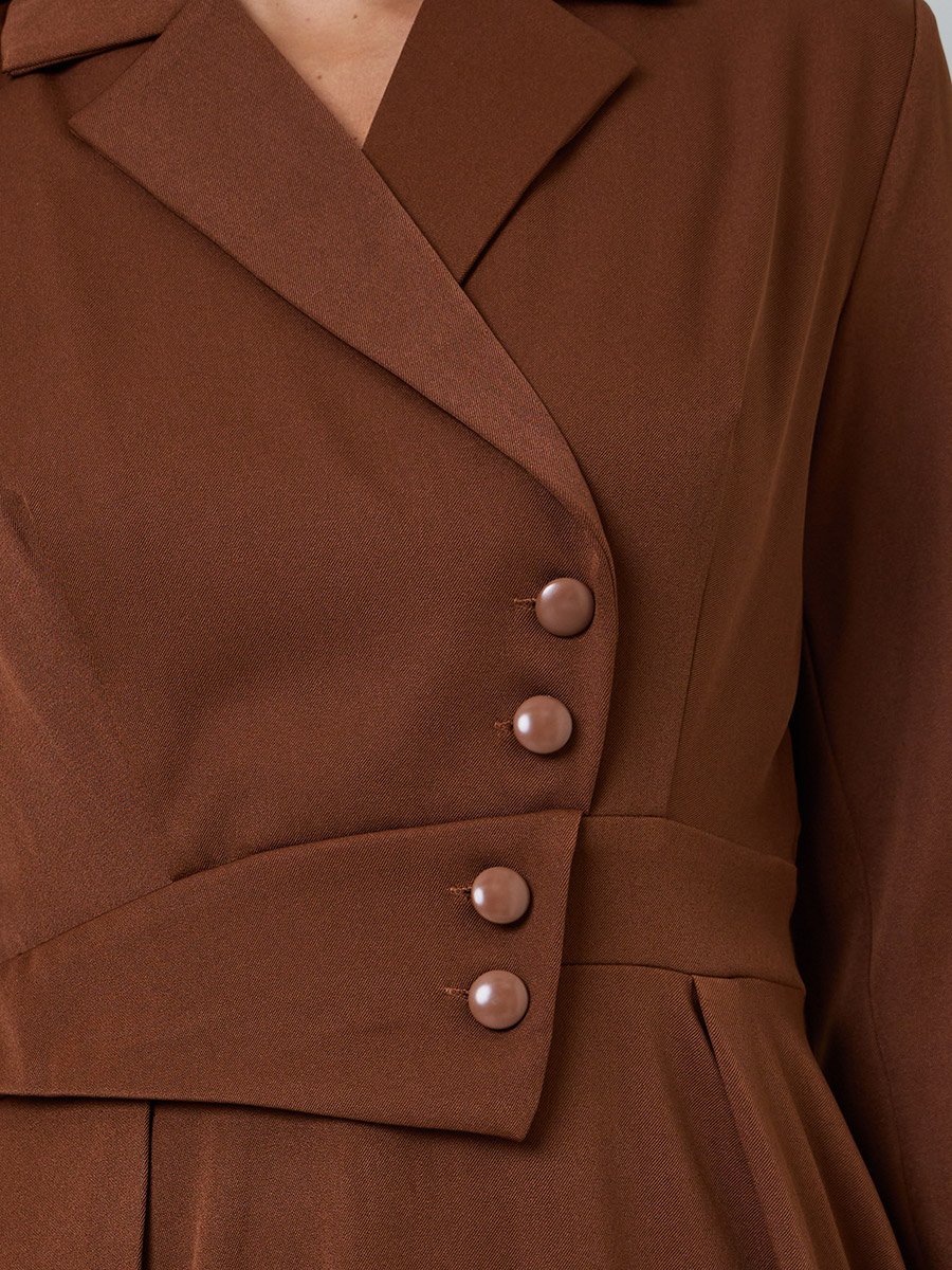 Brown Long Sleeves Blazer Midi Dress