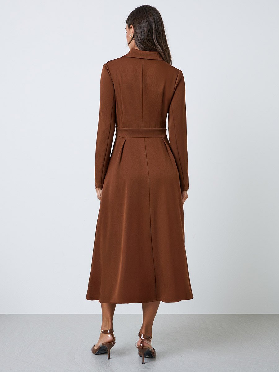 Brown Long Sleeves Blazer Midi Dress