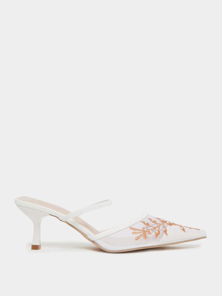 White Embroidered Pointed Toe Mules
