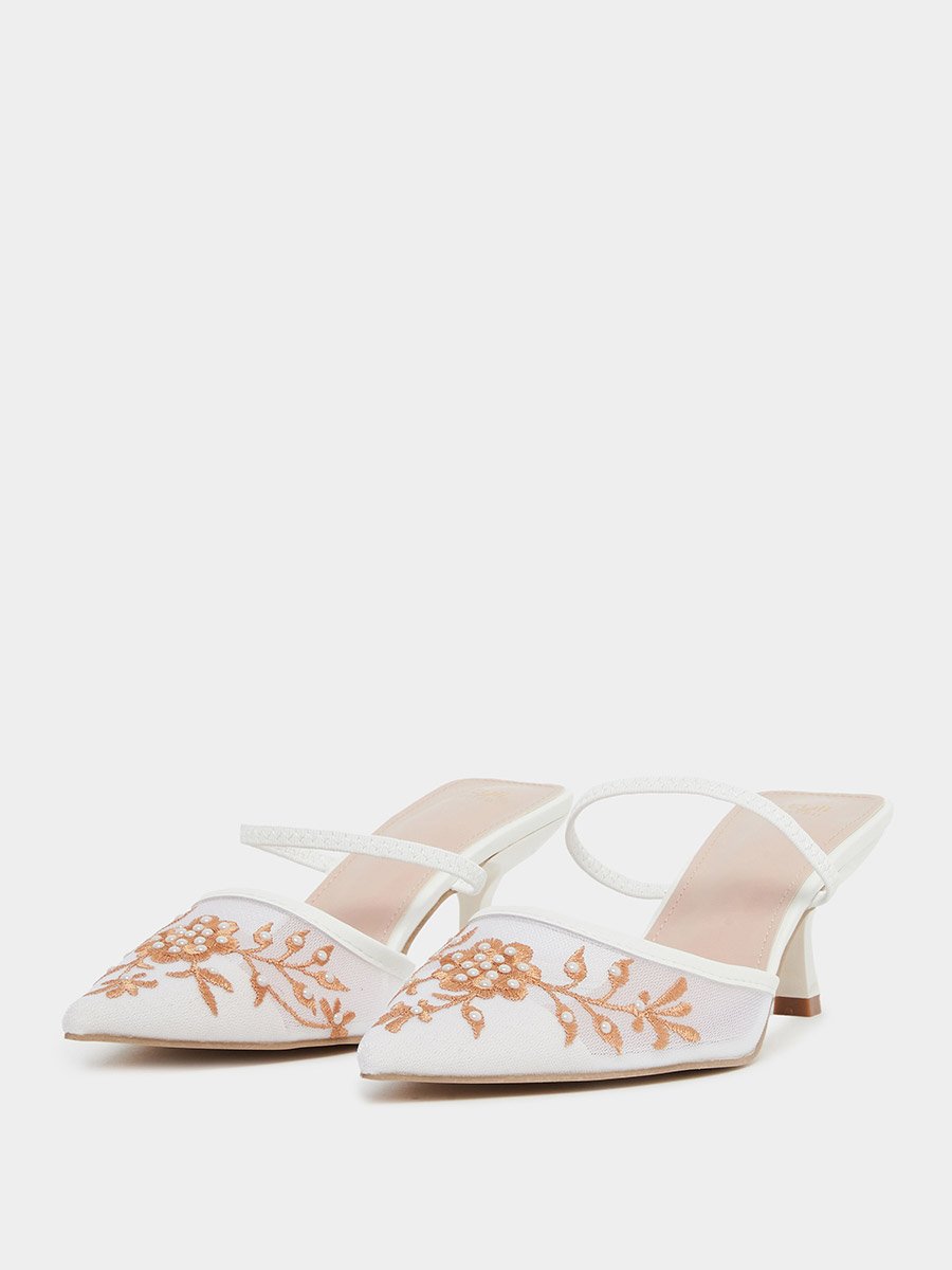 White Embroidered Pointed Toe Mules