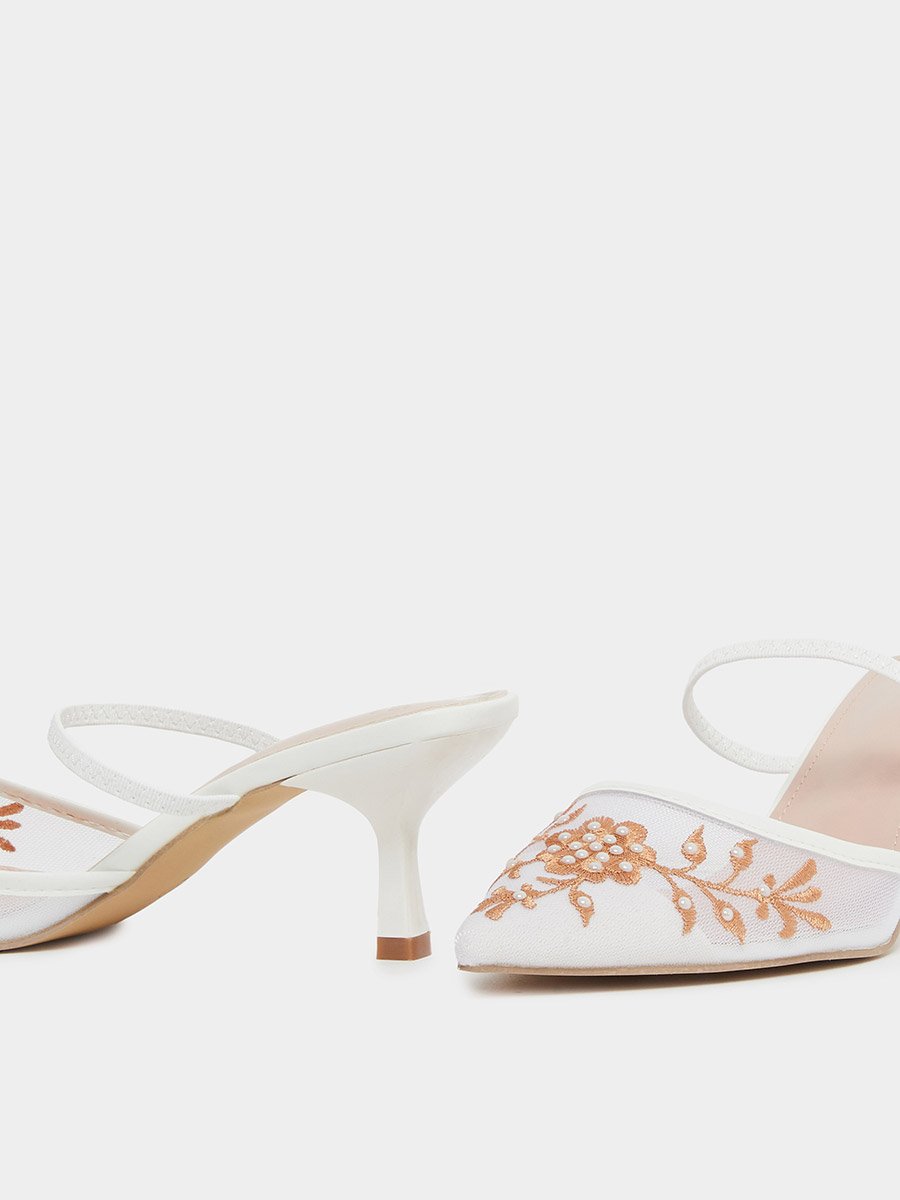White Embroidered Pointed Toe Mules