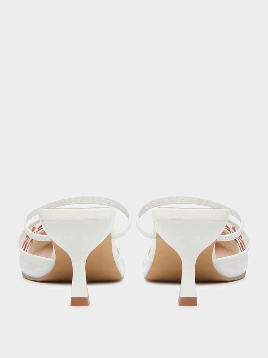 White Embroidered Pointed Toe Mules