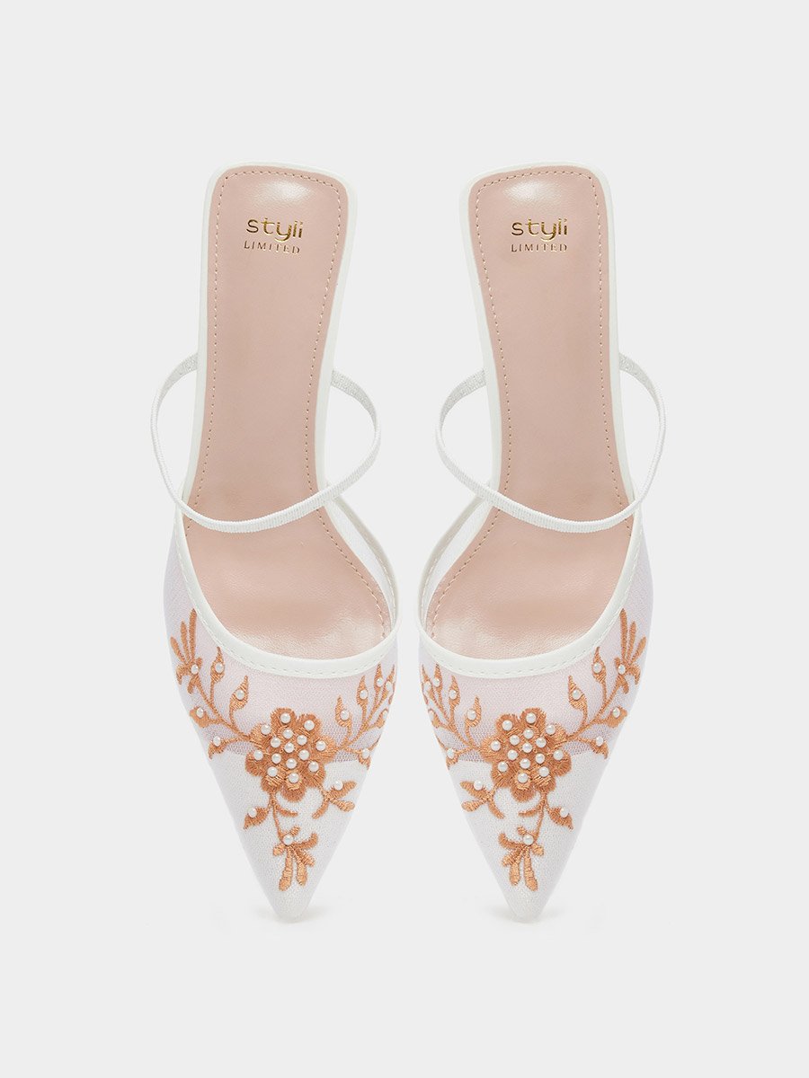 White Embroidered Pointed Toe Mules