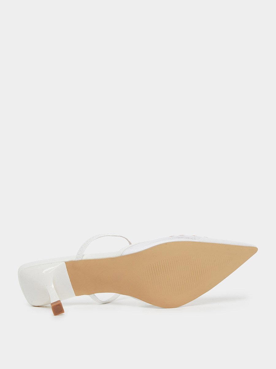White Embroidered Pointed Toe Mules