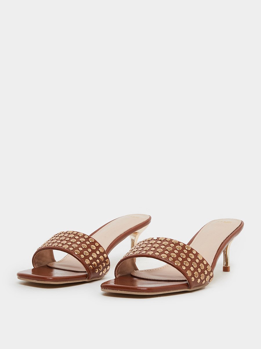 Women Brown Embellished Kitten Heel Sandals