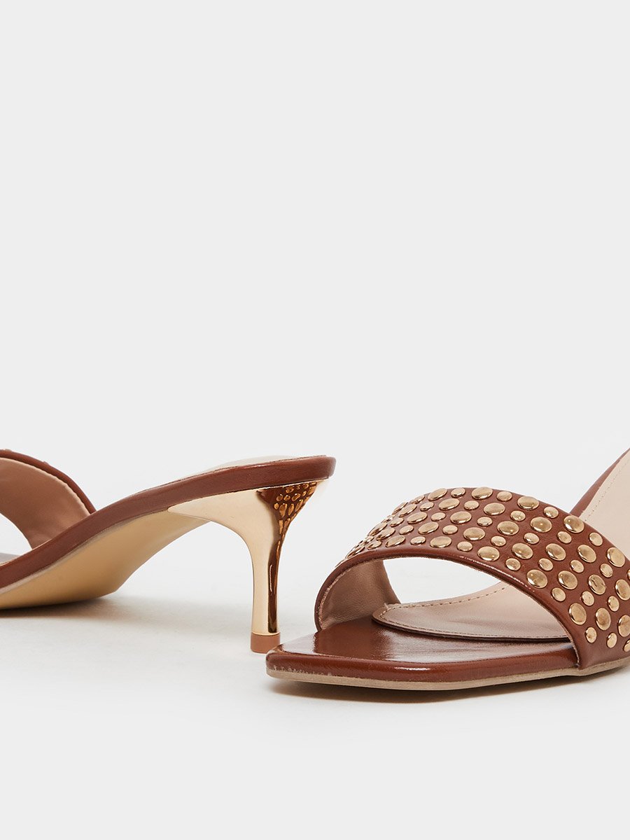 Women Brown Embellished Kitten Heel Sandals