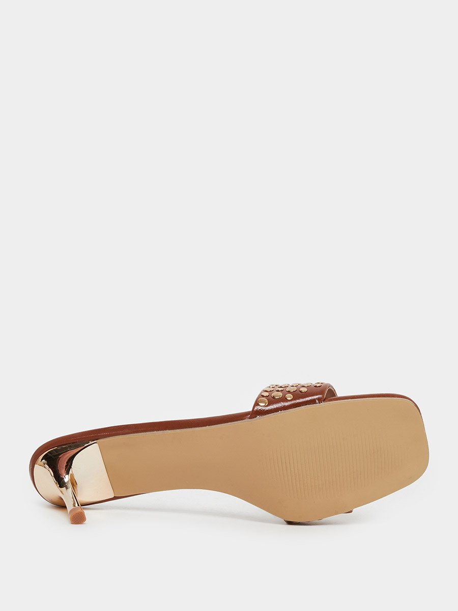Women Brown Embellished Kitten Heel Sandals