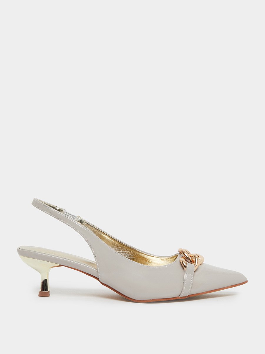 Grey Low Heel Pumps with Chain Accent