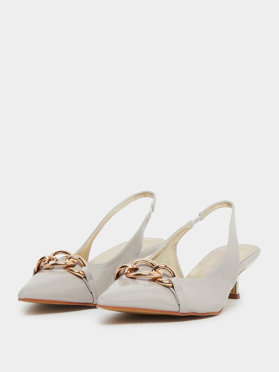Grey Low Heel Pumps with Chain Accent