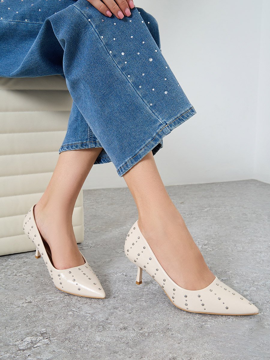 Nude Studded Pointed Toe Court Shoes