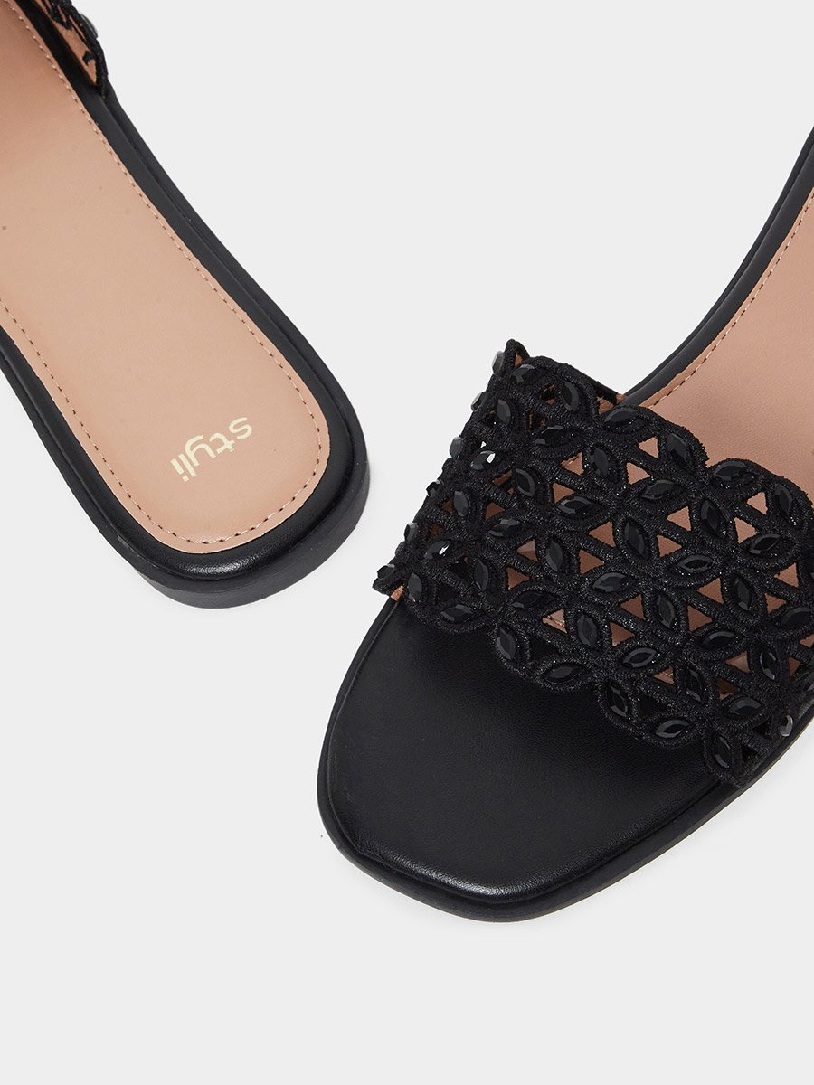 Black Embellished Flat Sandals