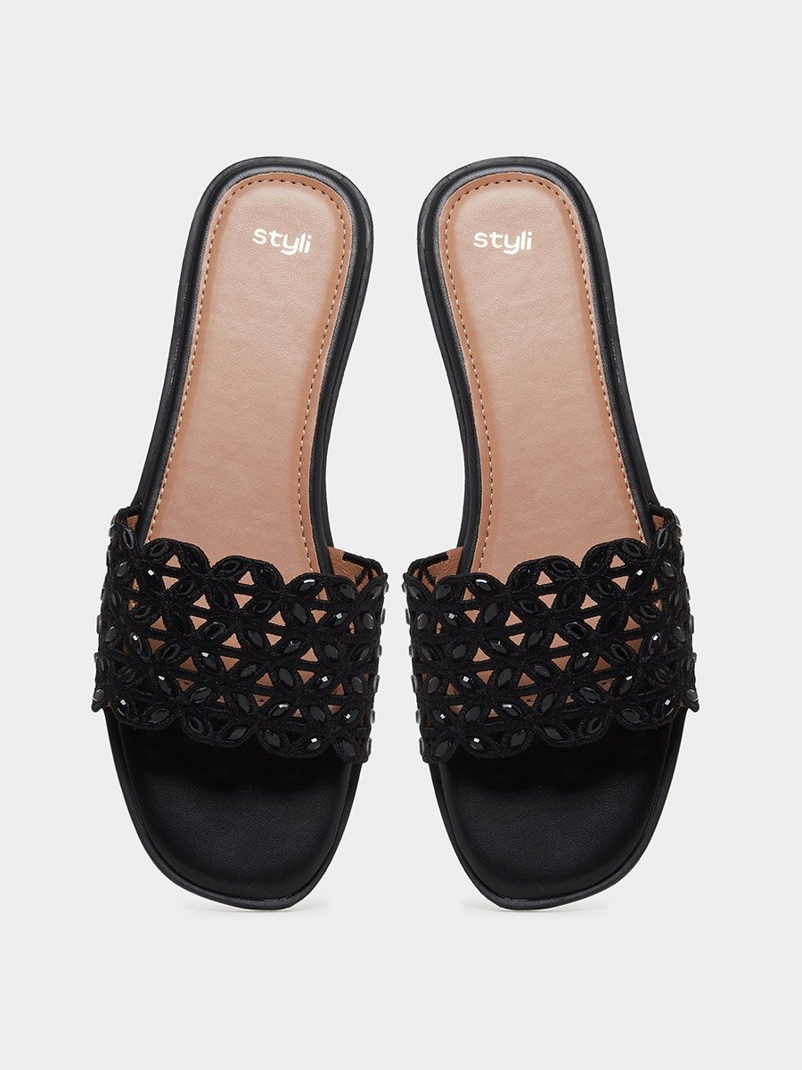 Black Embellished Flat Sandals