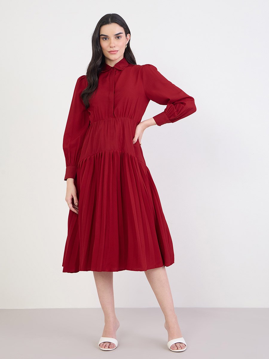 Red Pleated Buttoned Midi Shirt Dress