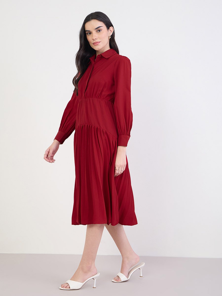 Red Pleated Buttoned Midi Shirt Dress
