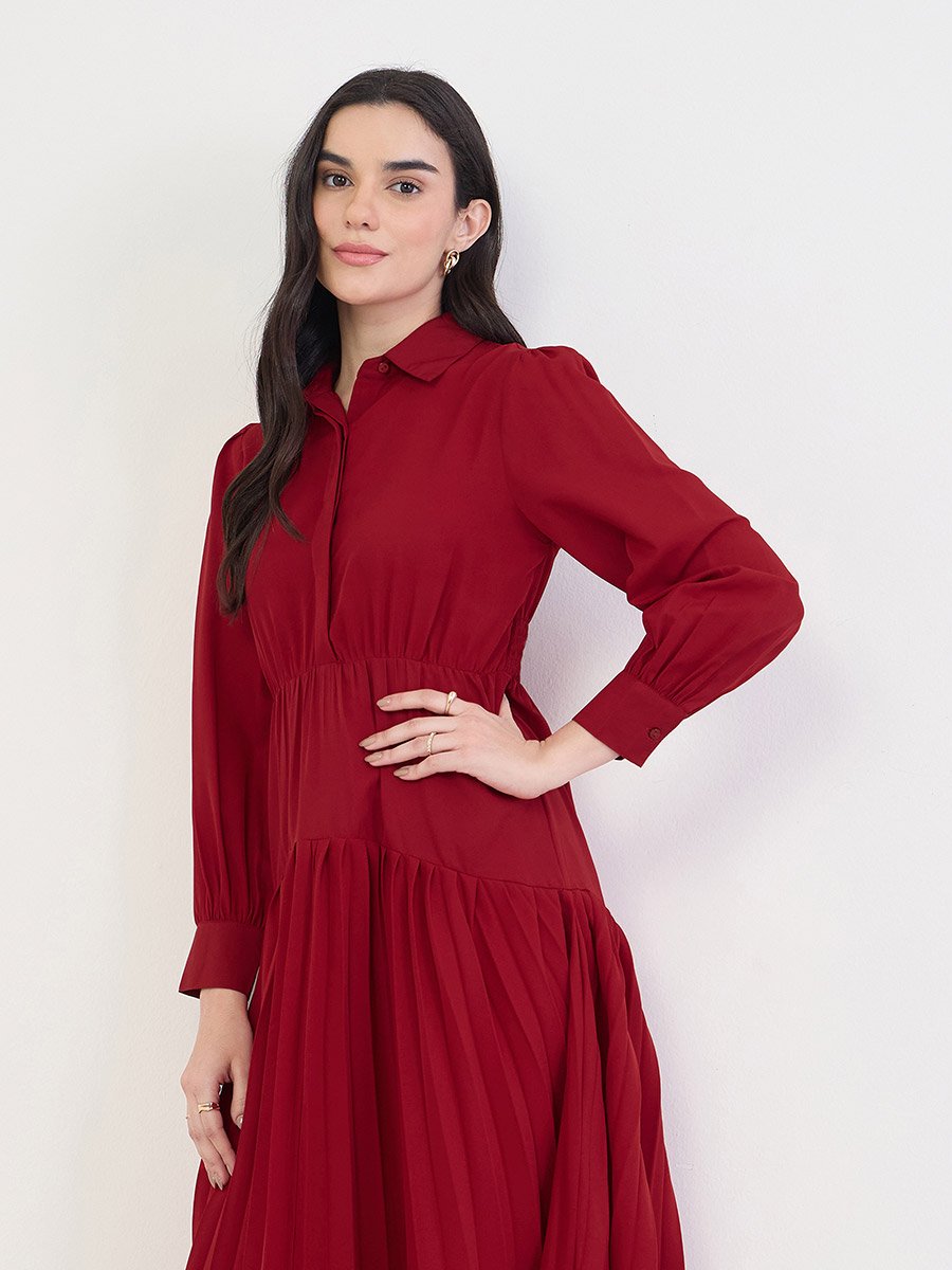 Red Pleated Buttoned Midi Shirt Dress