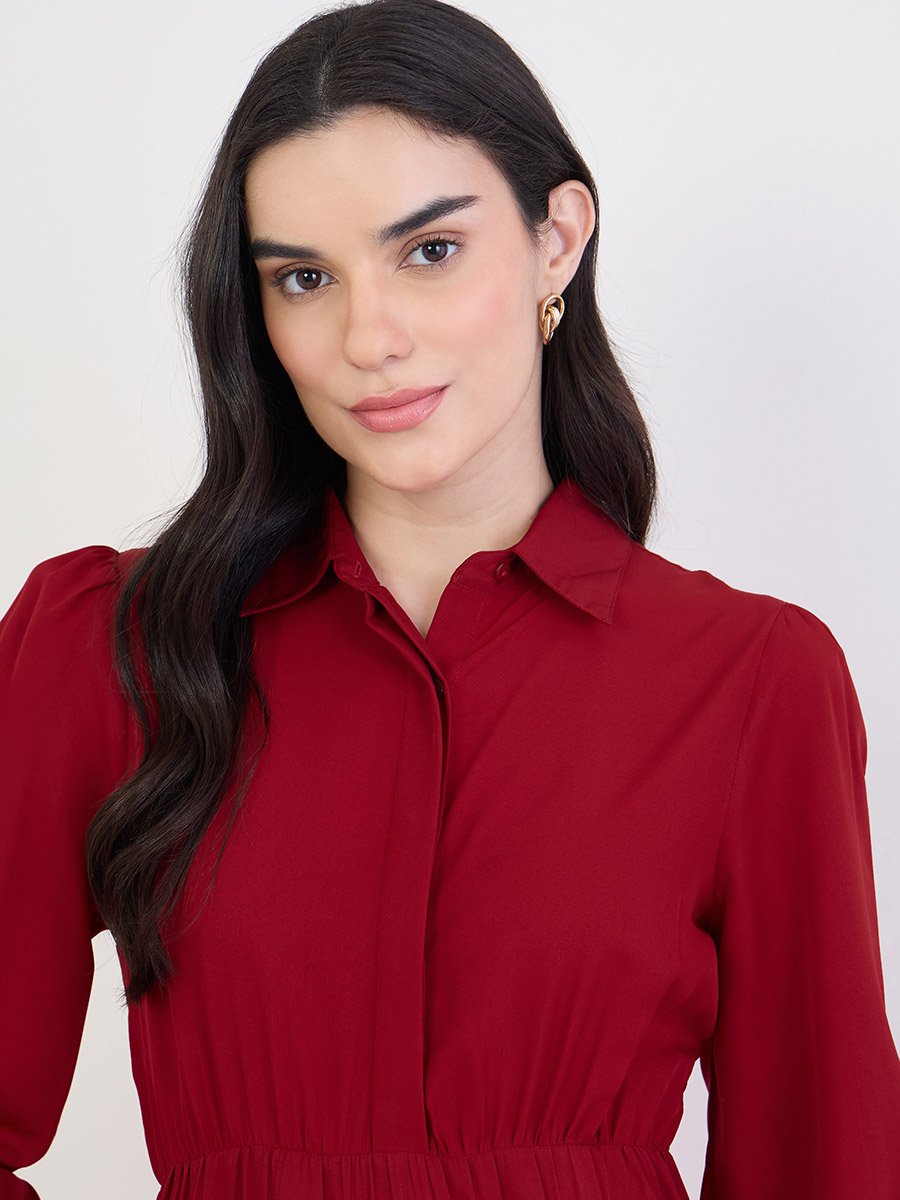 Red Pleated Buttoned Midi Shirt Dress