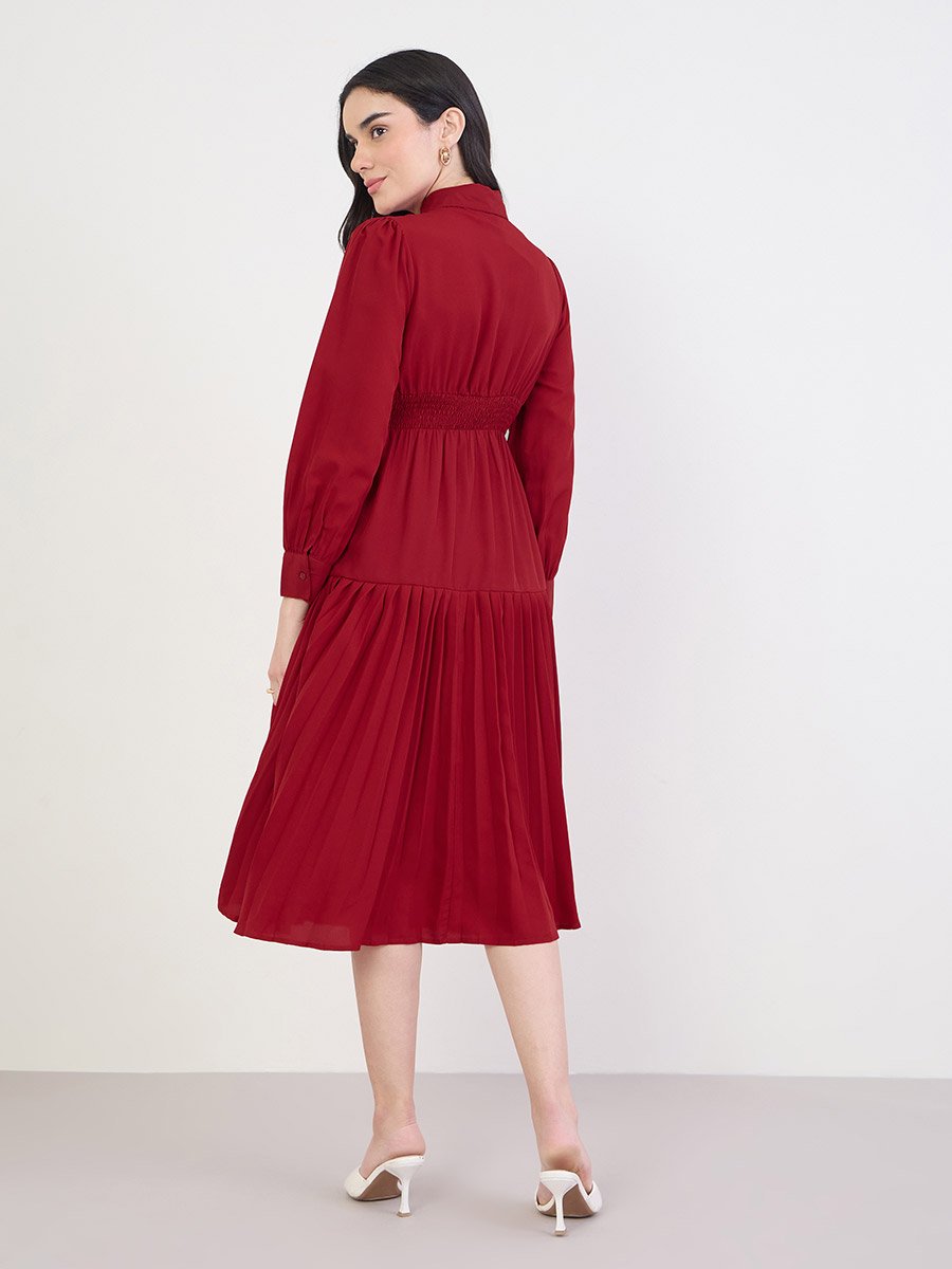 Red Pleated Buttoned Midi Shirt Dress