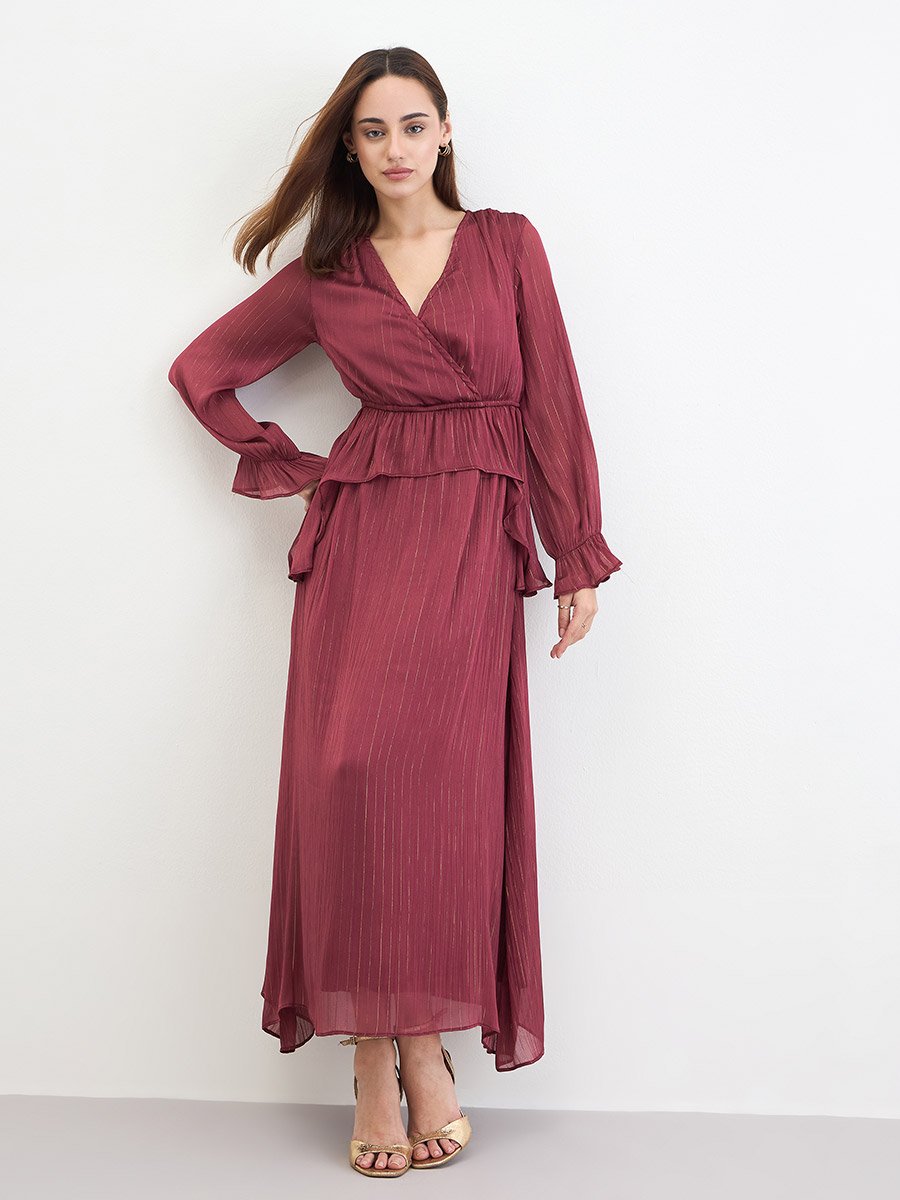 Ruffled Flare Wrap Front Maxi Dress