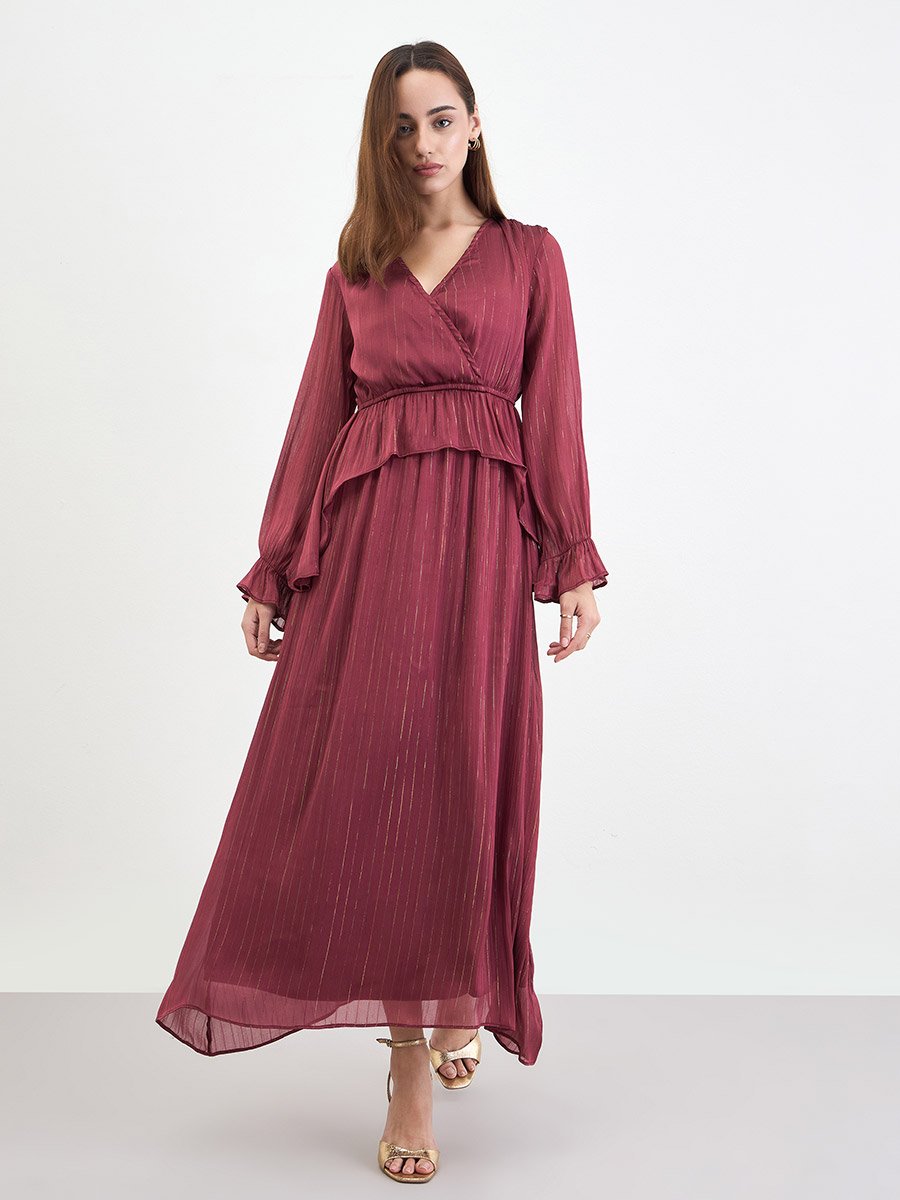Ruffled Flare Wrap Front Maxi Dress