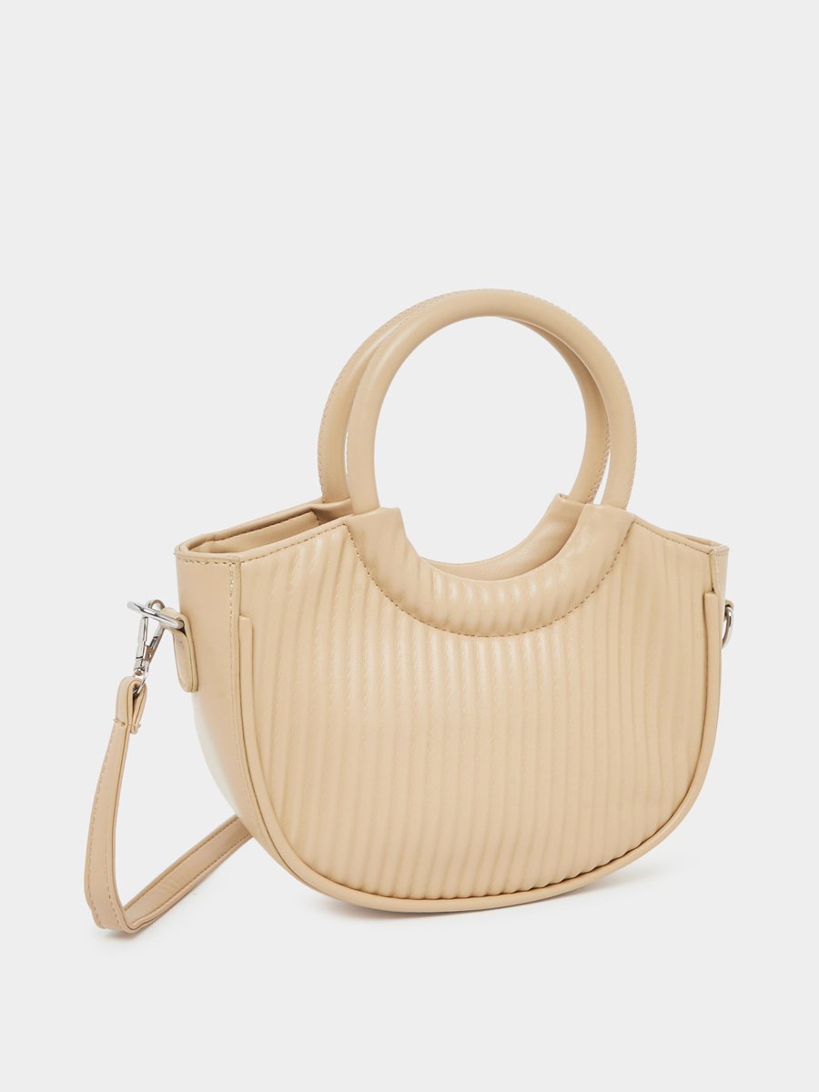 Beige Textured Handbag with Round Handle