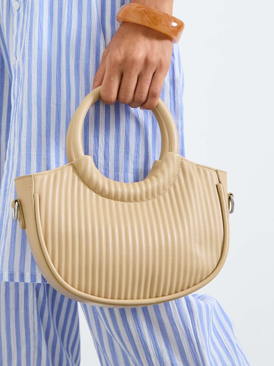 Beige Textured Handbag with Round Handle