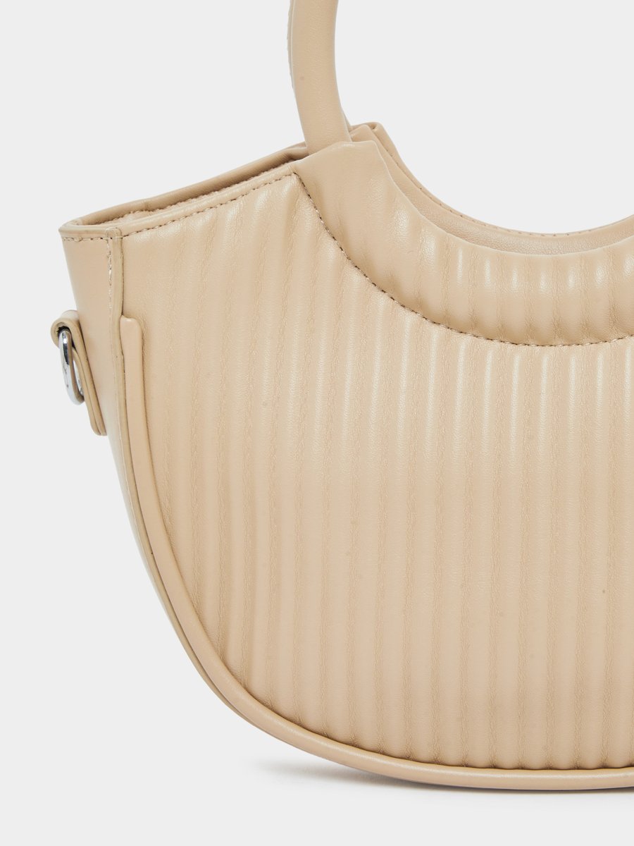 Beige Textured Handbag with Round Handle