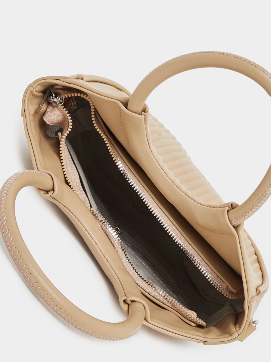 Beige Textured Handbag with Round Handle