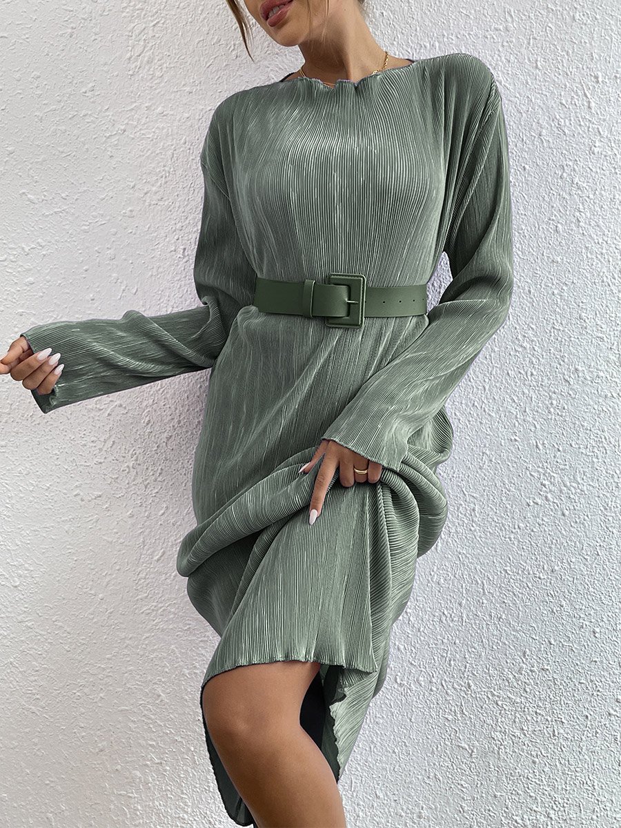Green Plisse Belted Midi Dress For Women at Kuwait | Styli