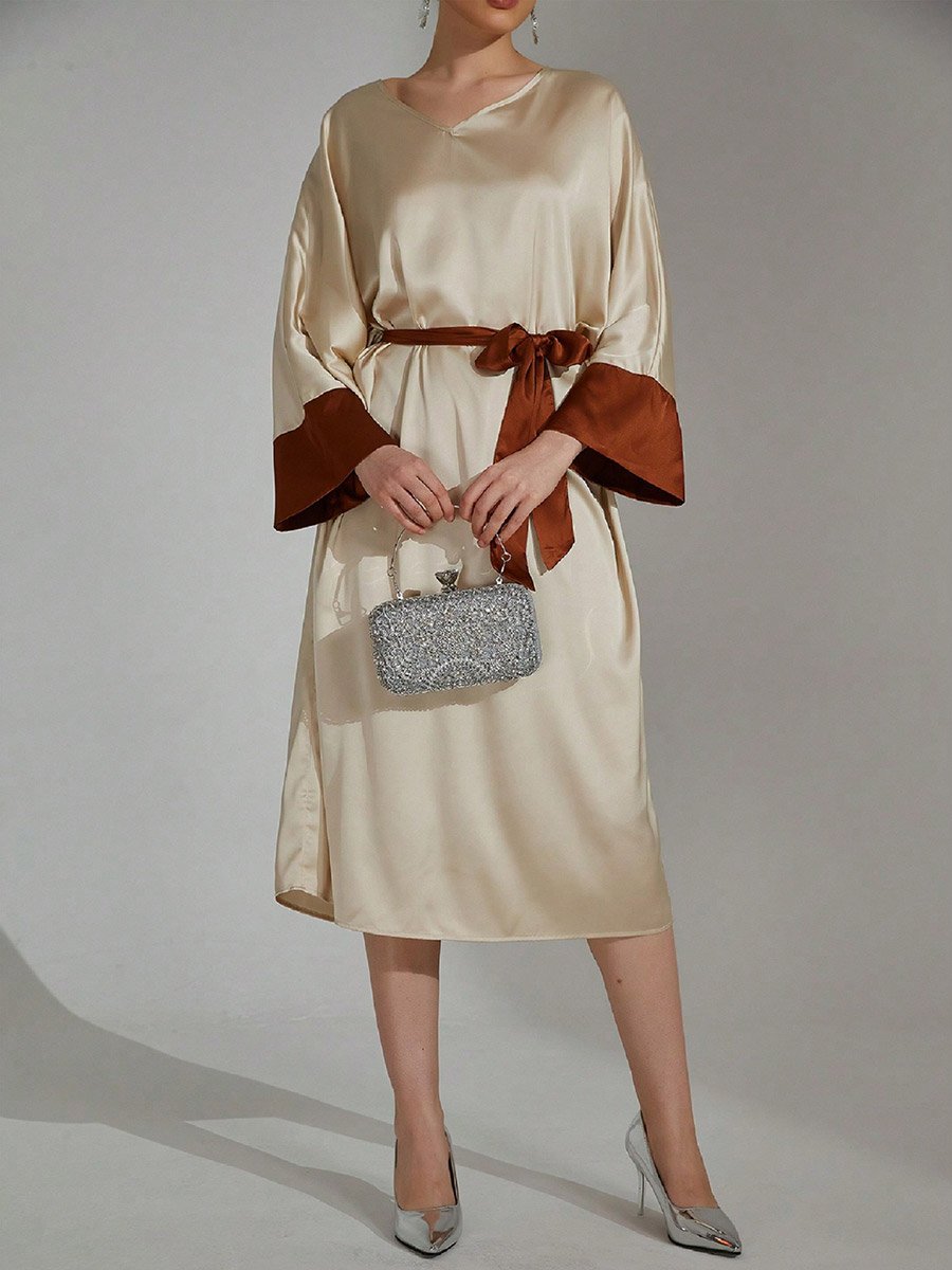 Beige Contrast Cuff Midi Dress with Tie Belt