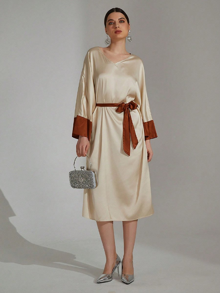 Beige Contrast Cuff Midi Dress with Tie Belt