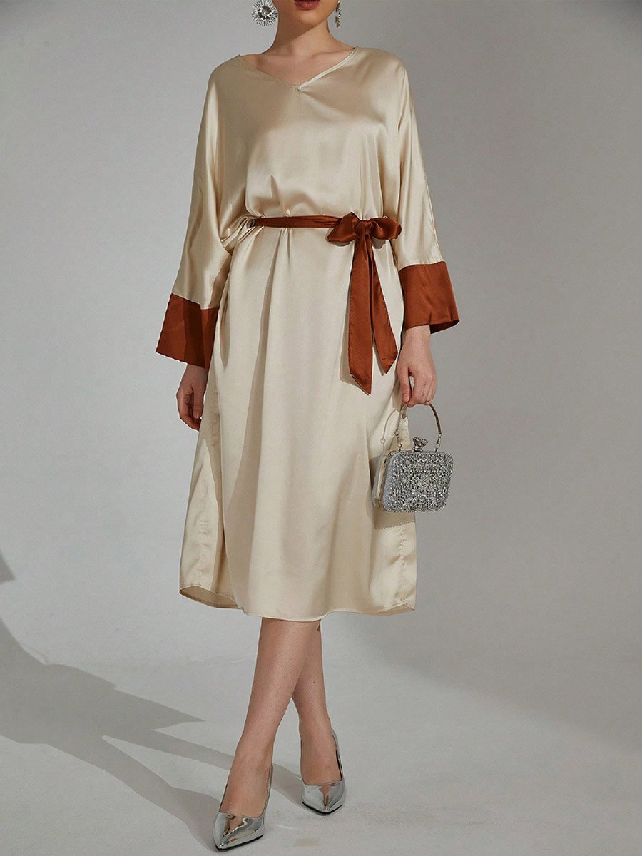 Beige Contrast Cuff Midi Dress with Tie Belt
