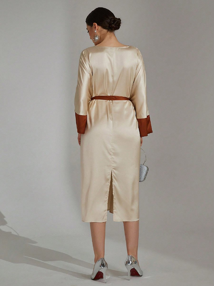 Beige Contrast Cuff Midi Dress with Tie Belt