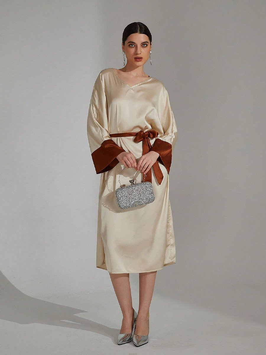 Beige Contrast Cuff Midi Dress with Tie Belt