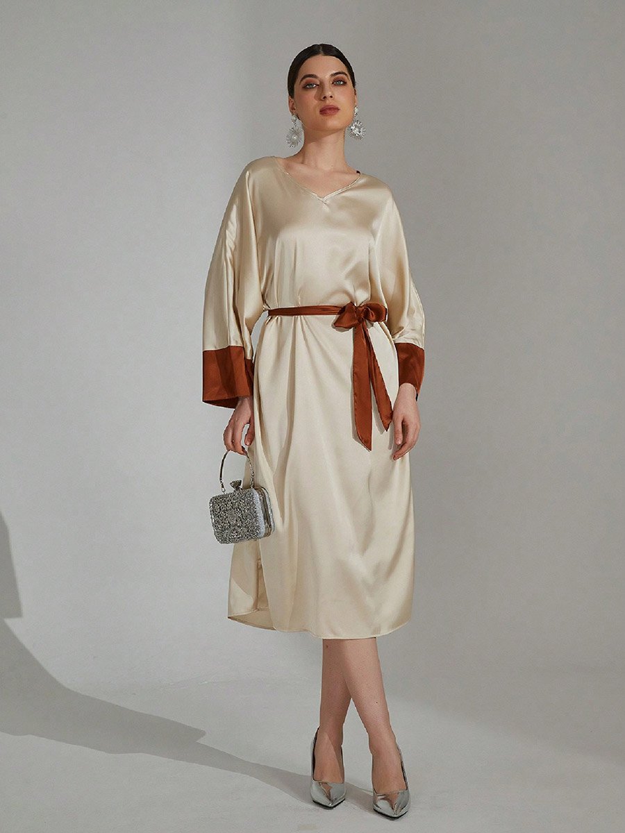 Beige Contrast Cuff Midi Dress with Tie Belt