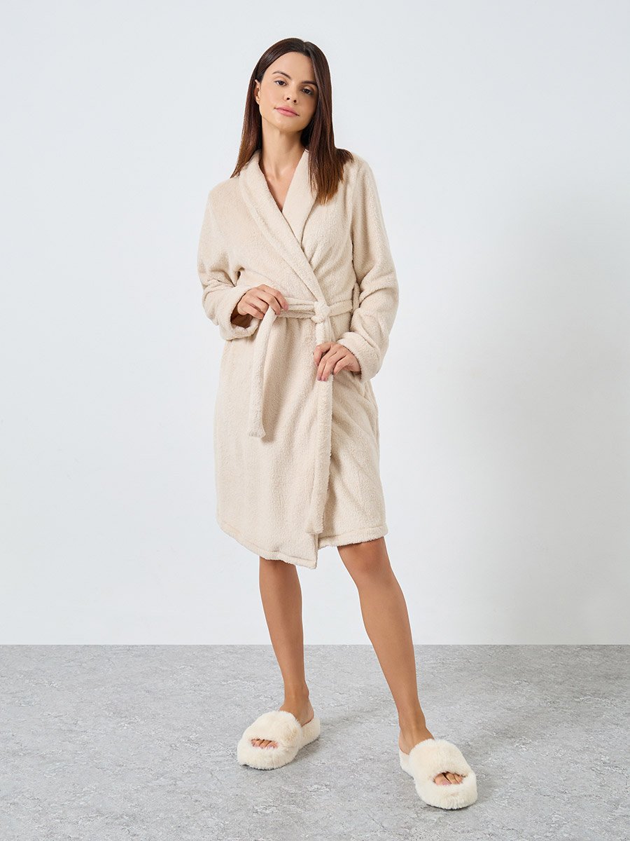 Beige Shawl Collar Fleece Robe