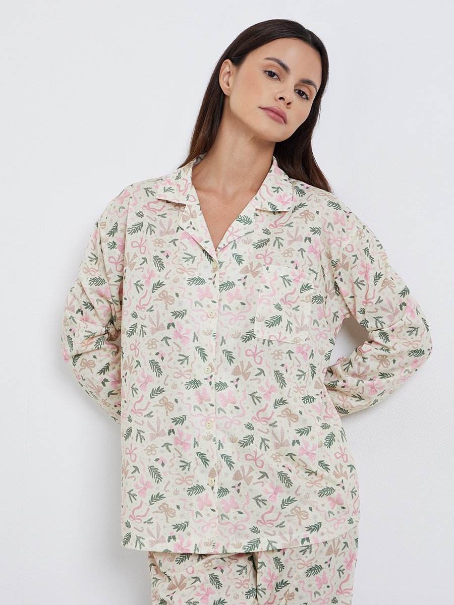 Winter Bow Print Long Sleeve Shirt and Pyjama Set