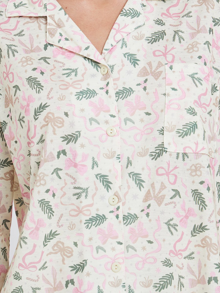 Winter Bow Print Long Sleeve Shirt and Pyjama Set