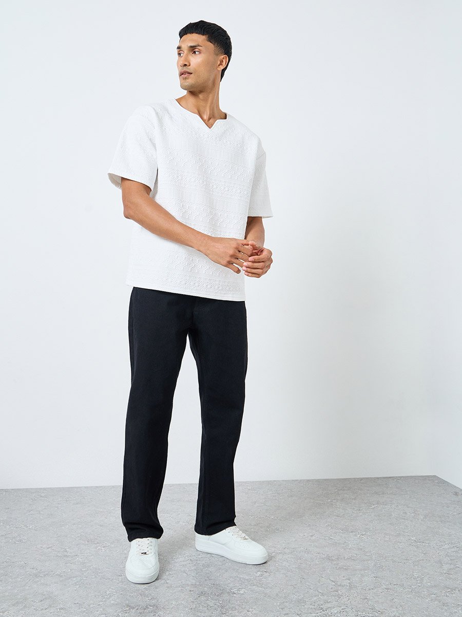 White Textured Oversized Notch Neck T-Shirt