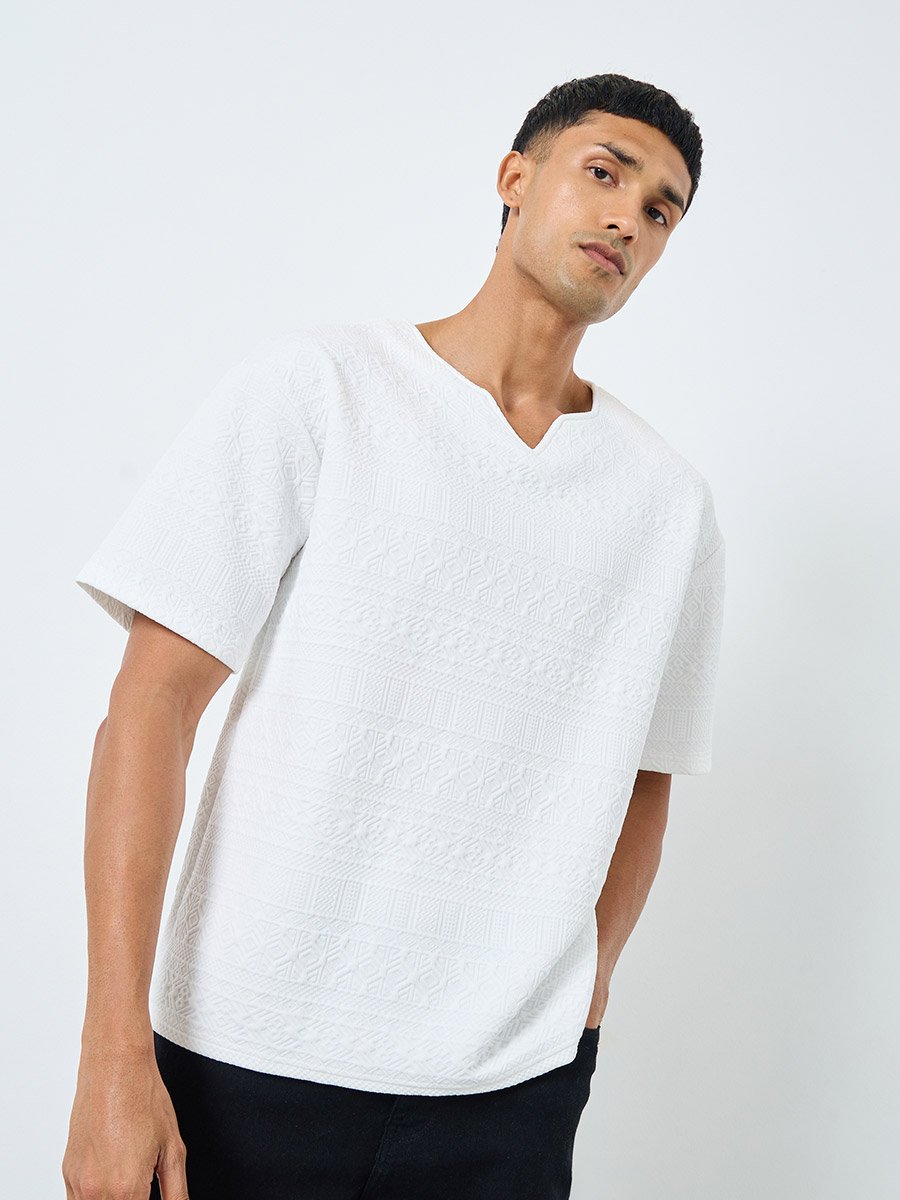 White Textured Oversized Notch Neck T-Shirt