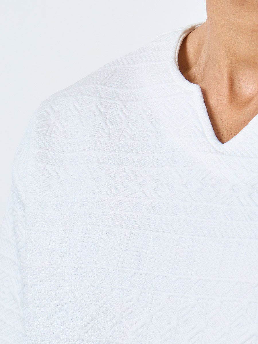 White Textured Oversized Notch Neck T-Shirt