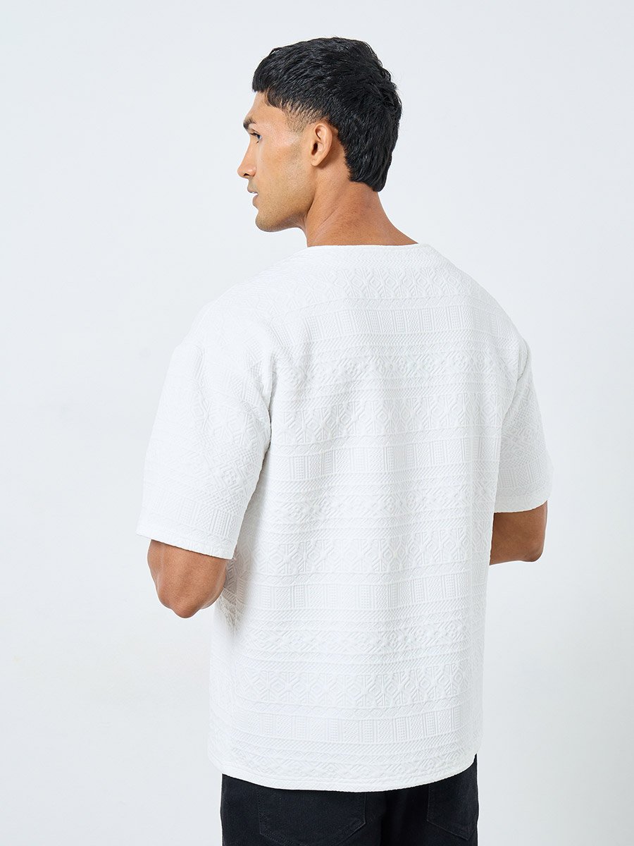 White Textured Oversized Notch Neck T-Shirt