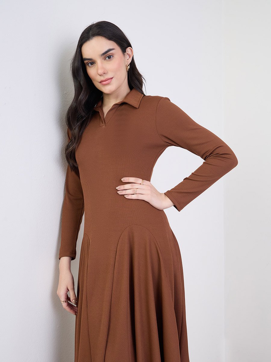 Brown Long Sleeves A-Line Midi Dress For Women at UAE
