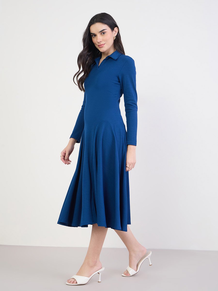 Women Navy Blue Long Sleeves A-Line Midi Dress