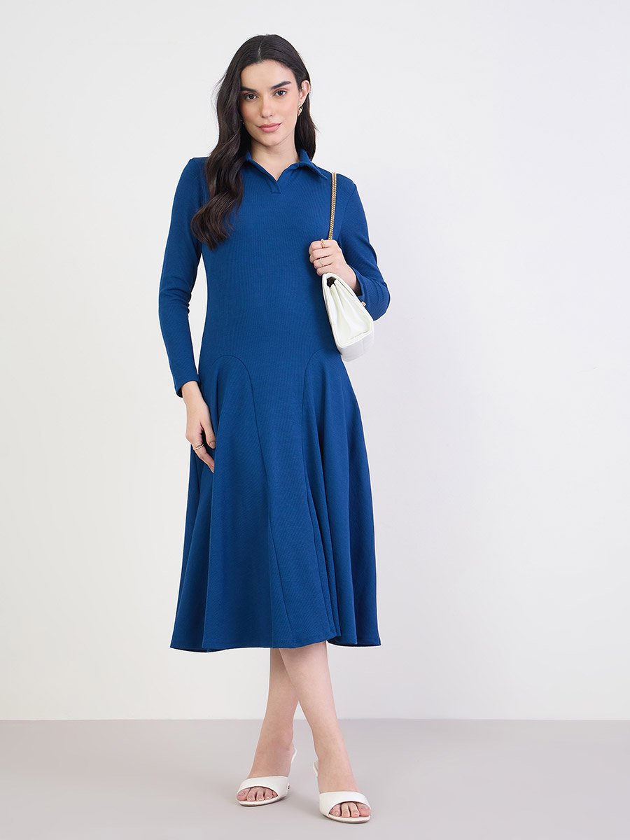 Women Navy Blue Long Sleeves A-Line Midi Dress