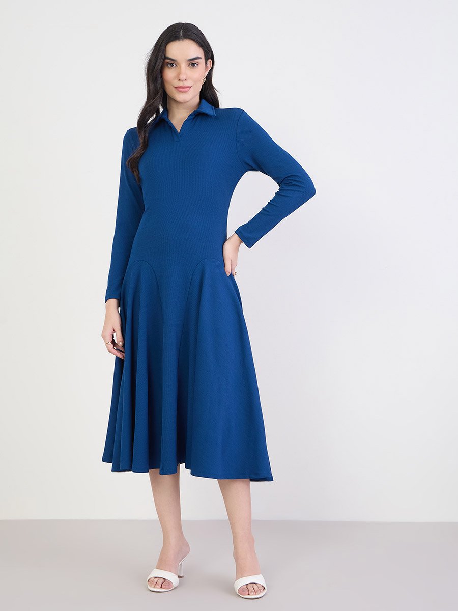 Women Navy Blue Long Sleeves A-Line Midi Dress