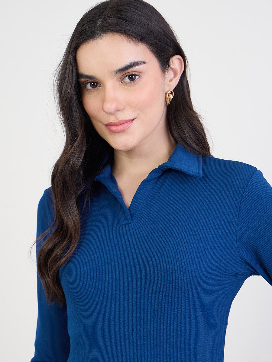 Women Navy Blue Long Sleeves A-Line Midi Dress